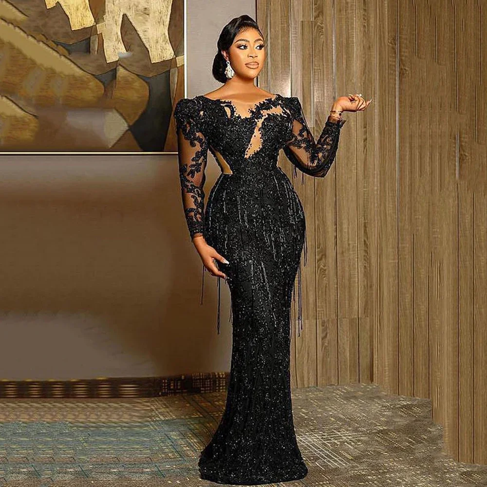 Top Trends: Black Elegant Mermaid Prom Dress Lace Long Sleeves Tassel V-Neck Formal Party Dress Robe Evening Dresses For Women De Mariee Shoppable Styles