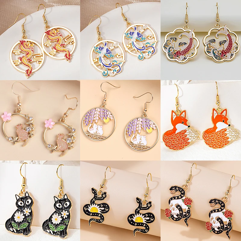 Top Trends: Cute Animal Snake Rabbit Koi Cat Ethnic Earrings For Women Girls Enamel Painted Colorful Delicate Gold Color Earrings Jewelry Shoppable Styles