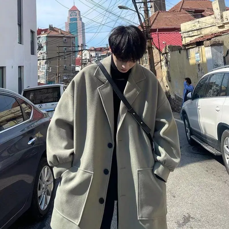 Top Trends: Winter Trendy Brand Single-breasted Mid-length Woolen Coat For Men Loose Thickened Warm Windbreaker Korean Style Trendy For Men Shoppable Styles