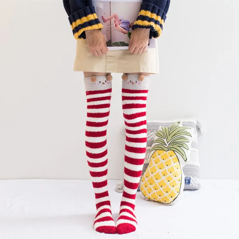 Top Trends: Women Cartoon Coral Velvet Knee Socks Lady Lovely Warm Comfortable Thick Long Socks Winter Cute Striped Christmas Stockings Shoppable Styles