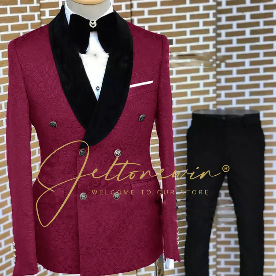 Top Trends: Burgundy Jacquard Men Suit Slim Fit Double Breasted Wedding Suits For Men Formal Prom Suits Tuxedo 2 Pieces Blazer Pant Sets Shoppable Styles