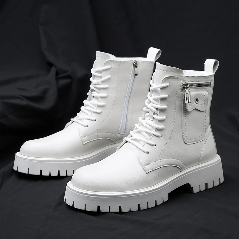 Top Trends: High Quality Men White Boots 2023 Fashion Zip Design Men&#039;s Leather Boot Anti-slip Lace-up Man Platform Boots Botas Para Hombre Shoppable Styles