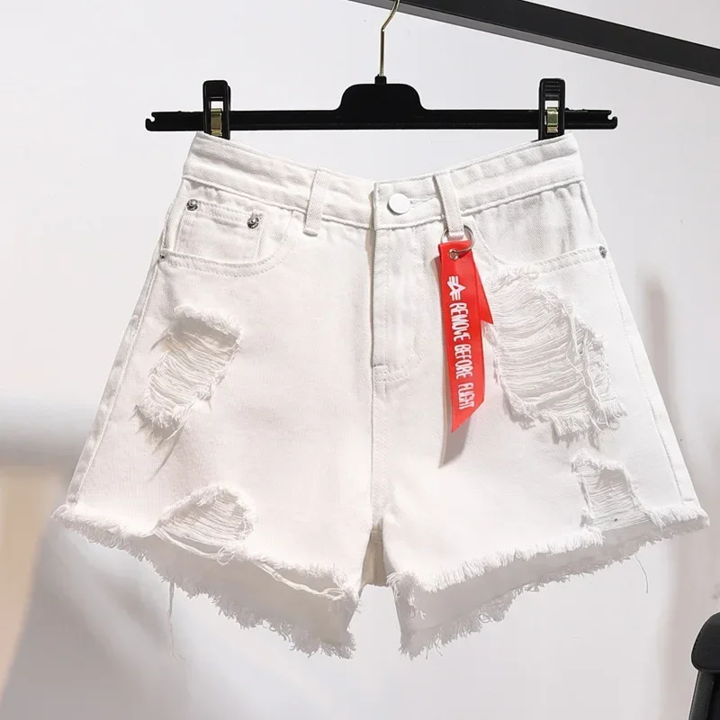 Top Trends: Women Summer Plus Size Pocket Tassel Hole Ripped Jeans Short Casual High Waist Denim Shorts Female Short Pants Shoppable Styles