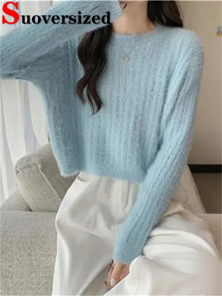 Top Trends: Imitate Mink Loose Short Knitted Tops Korean Long Sleeve Pullover Soft Women Autumn Winter Sweater Knitwears Cropped Jumper Shoppable Styles