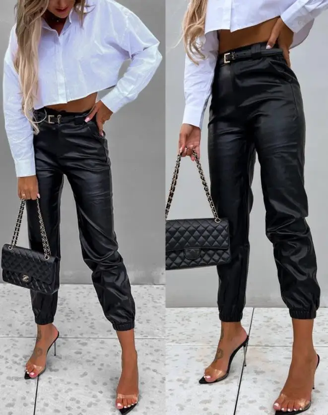 Top Trends: Pu Leather High Waist Cuffed Pants Thermal Leggings For Women Black Spanx Casual Pocket Long Pants Temperament Commuting Style Shoppable Styles