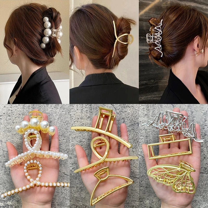 Top Trends: Pearl Hair Claw Set Clip For Women Gold Color Hairpins Metal Hair Accessories Geometric Hollow Pincer Barrette Crystal Clip Big Shoppable Styles