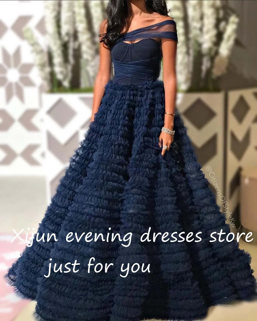 Top Trends: Xijun Navy Blue Tiered Ruffles Tulle Evening Dresses Off The Shoulder Pleat Ruched Saudi Arabic A-Line Prom Gown Formal Dress Shoppable Styles - Image 2