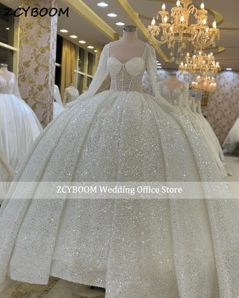 Top Trends: Luxury Dubai Sparkle Pearls Beaded Princess Wedding Dresses 2024 Long Sleeves Sweetheart Ball Gown Bride Gowns Vestidos De Noiva Shoppable Styles