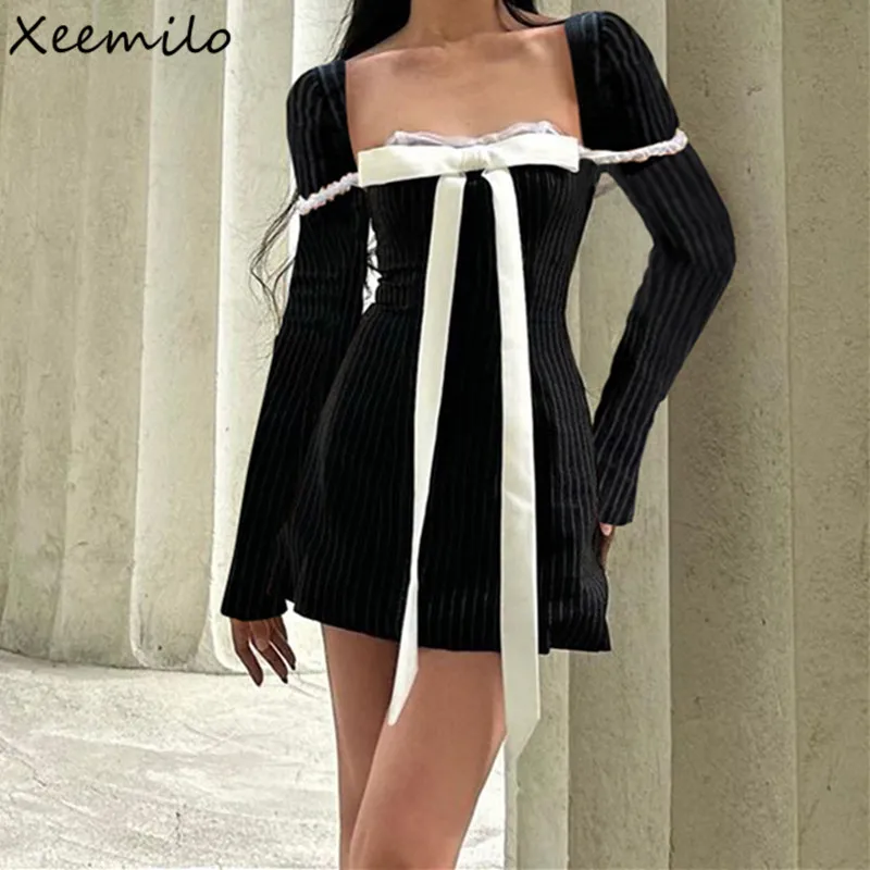 Top Trends: Xeemilo Elegant Bow Patchwork Long Sleeve Dress Retro Square-neck Lace Stitch Bodycon Mini Dresses 2023 Evening Party Vestidos Shoppable Styles