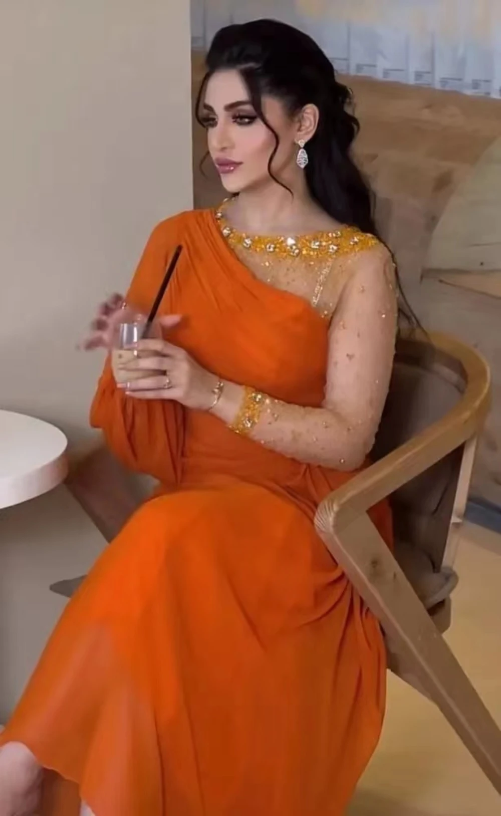 Top Trends: Orange Chiffon Prom Dresses 2023 Saudi Arabia Women Wear Handmade Beaded Long Sleeves Evening Party Formal Gowns Dubai Ladies Shoppable Styles