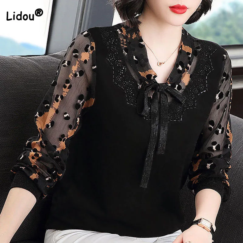 Top Trends: Elegant Fashion Diamonds Spliced V-Neck Lace Up Tops Women's Clothing Loose Printed Gauze Long Sleeve T-shirt Spring Summer Shoppable Styles