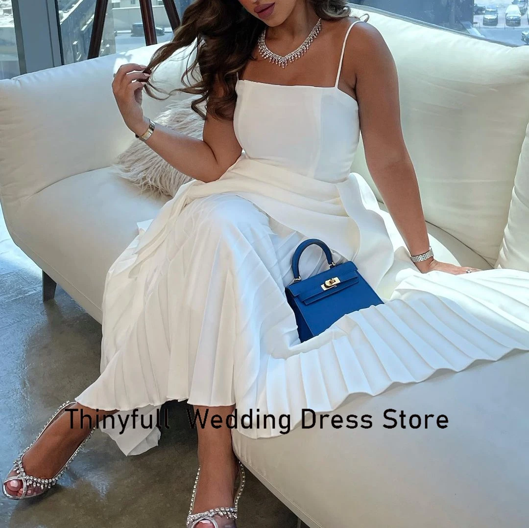 Top Trends: Thinyfull Saudi Arabia White Prom Dresses A-line Spaghetti Straps Sleeveless Evening Party Gown Tea-Length Formal Occasion Dress Shoppable Styles - Image 3