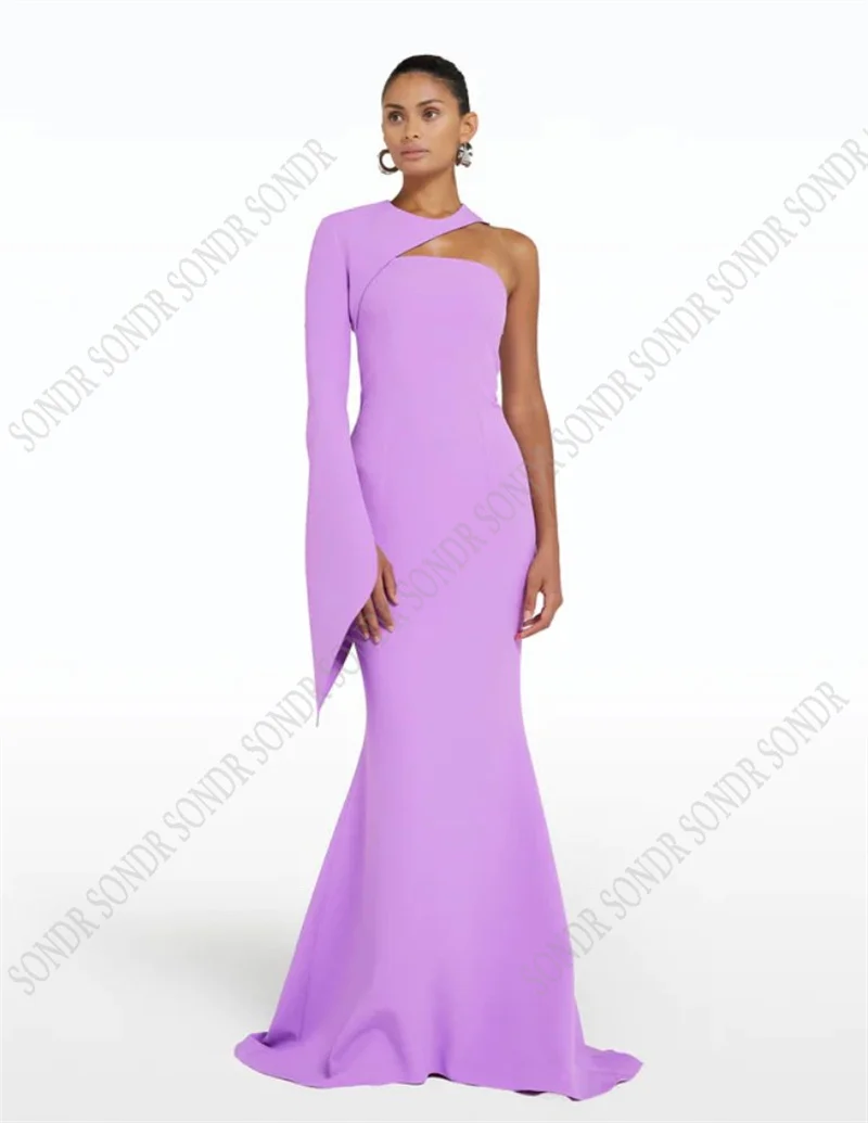 Top Trends: SONDR Purple Button Long Mermaid Cocktail Evening Dresses One Sleeves O Neck Matt Satin Formal Celebirty Night Prom Gowns Dress Shoppable Styles - Image 2