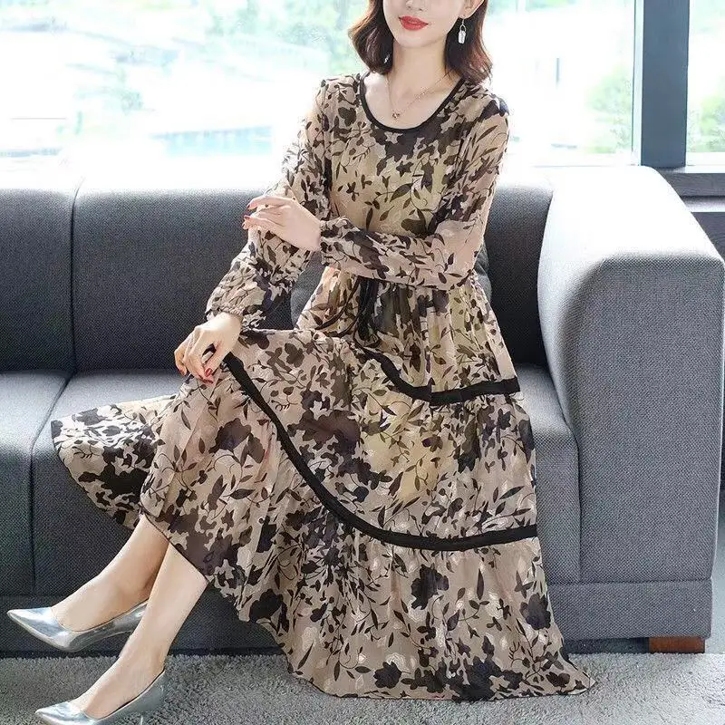 Top Trends: Elegant Vintage Ladies Printed Dresses Long Sleeve Spring Autumn Loose Fashion Lace Up Spliced Midi Party Dress Women's Clothing Shoppable Styles