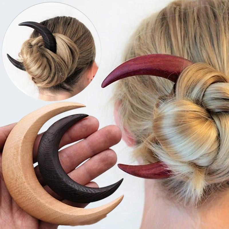 Top Trends: Creative Wooden Handmade Moon Hairpin Hair Fork Hair Clip Comb Ladies Crescent-shaped Personality Thick Hair Clip Styling Tool Shoppable Styles - Image 3