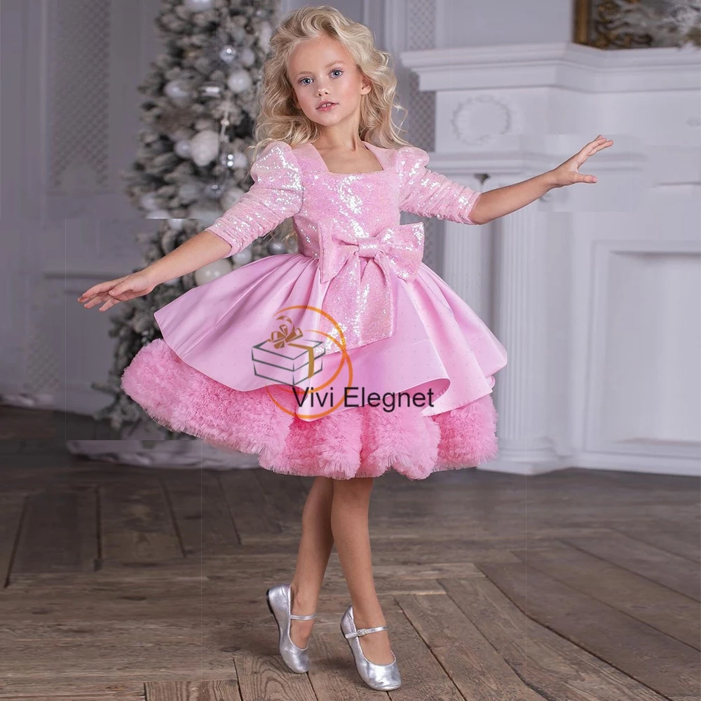 Top Trends: Half Sleeve Squarter Collar Tutu Pink Flower Girl Dresses 2022 Winter Christmas Gown With Bow Sequined Zipper Back فساتين اطفال Shoppable Styles