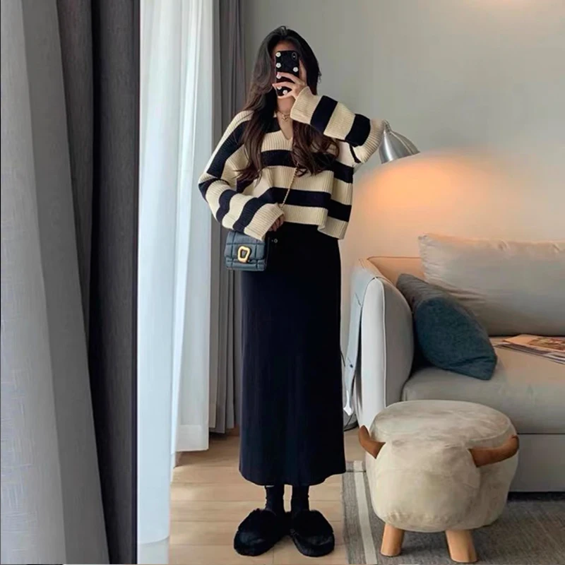 Top Trends: Autumn Women&#039;s New Year&#039;s Clothes Set Slim Fashionable Strap Dress V-Neck Long Sleeve Striped Sweater Two Piece Set Maternity Shoppable Styles