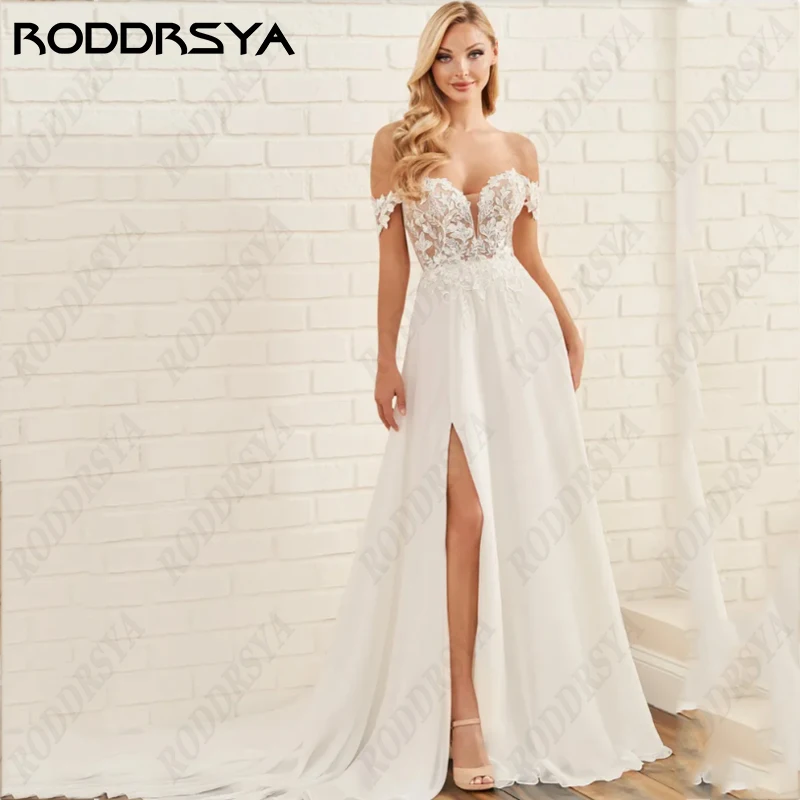 Top Trends: RODDRSYA High Split A-Line Wedding Dress For Women Romantic Chiffon Boho Vestido De Noiva Sexy Backless Off Shoulder Bride Party Shoppable Styles