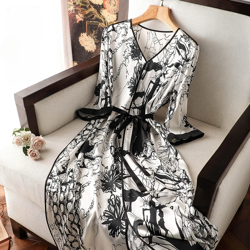 Top Trends: Silk Floral Dresses Women 2023 New Prints Vintage V-neck Short Sleeves High Waist Summer Satin Dress Clothing YCMYUNYAN Shoppable Styles