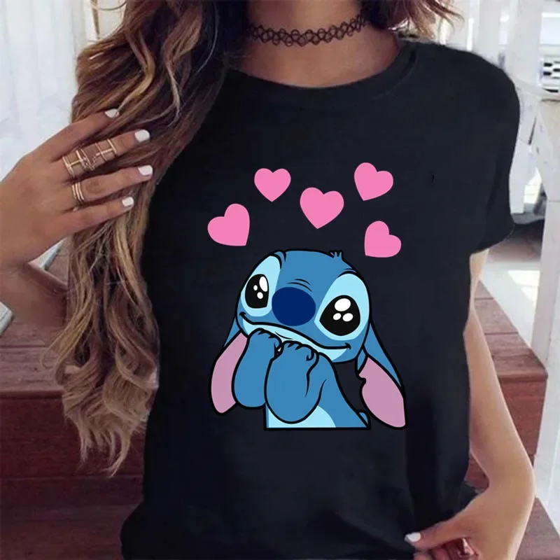 Top Trends: Summer Kawaii Disney Lilo Stitch T Shirt Women Tops Cartoon Stitch Hearts Graphic Print Tees Cute Disney Anime T-shirt Female Shoppable Styles