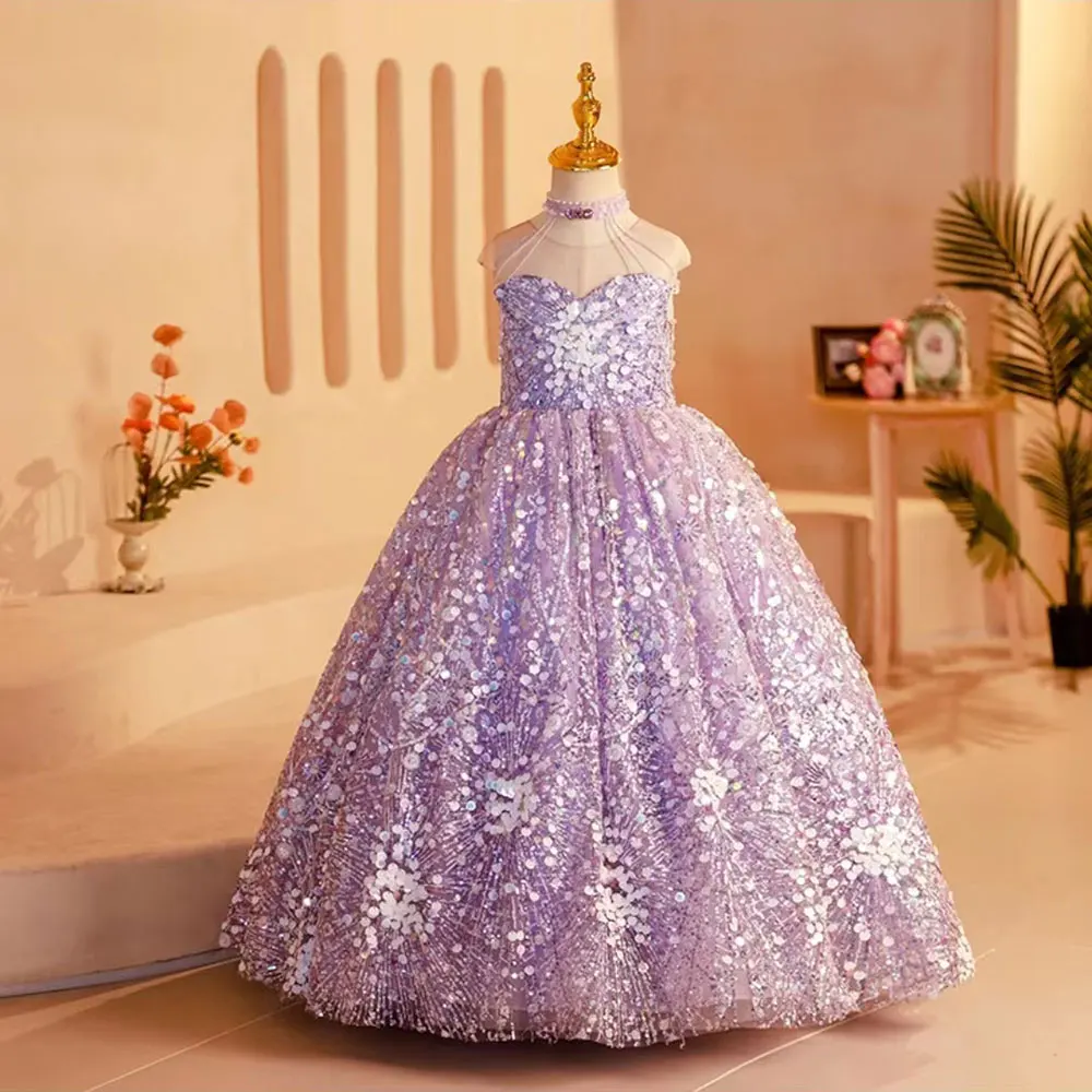 Top Trends: Jill Wish Elegant Shiny Dubai Lilac Girl Dress Beading Princess Kids Wedding Birthday Party Prom Gown Holy Communion 2024 J242 Shoppable Styles