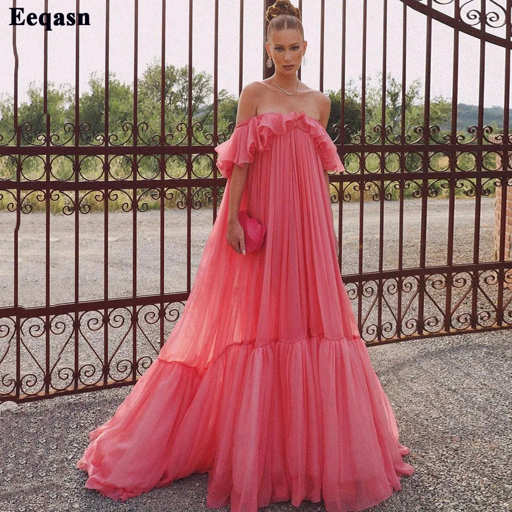 Top Trends: Eeqasn Watermelon Red Chiffon Prom Party Dresses High Waist Off The Shoulder Formal Evening Party Dress Tiered Wedding Gowns Shoppable Styles