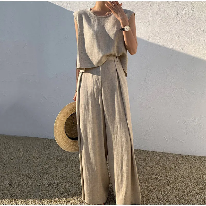 Top Trends: Women Cotton Linen Suits Summer Sleeveless O-Neck Tank Top Wide Leg Pants Two Piece Sets Female Fashion Casual Solid Loose Suits Shoppable Styles