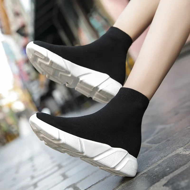 Top Trends: Brand Unisex Socks Shoes Breathable High-top Women Shoes Flats Fashion Sneakers Stretch Fabric Casual Slip-On Ladies Shoes Shoppable Styles