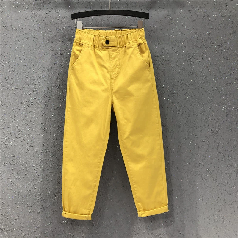 Top Trends: New Arrival Summer Women Harem Pants All-matched Casual Cotton Denim Pants Elastic Waist 6XL Size Yellow White Jeans Shoppable Styles