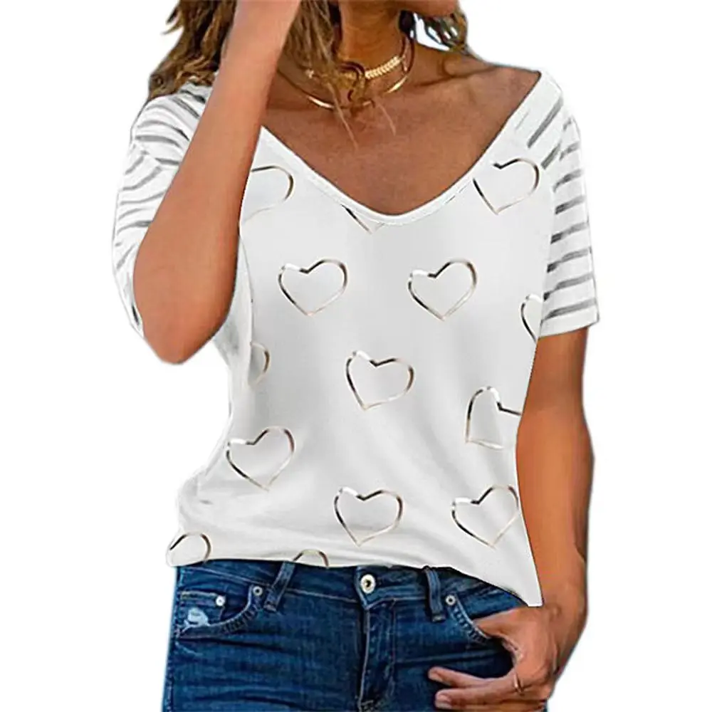 Top Trends: Women T-shirts V Neck Summer Short Sleeve Tops Tees Heart-Shaped Graphics Ladies Clothes Oversized Female Fashion Y2k Streetwear Shoppable Styles