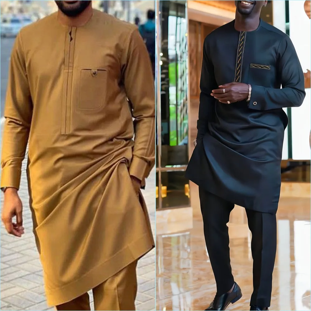 Top Trends: Elegant 2 Piece Sets Mens Outfit Long Seeves With Pockets Top Pants Ethnic Style Casual Traditional Outfits Men Suit Wear M-4XL Shoppable Styles