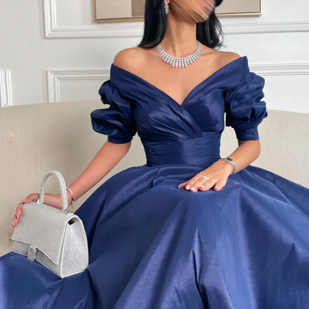 Top Trends: Navy Saudi Arabia Off The Shoulder Short Sleeves Prom Dresses Pleats Satin A-Line Elegant Formal Party Gowns Dubai Evening Dress Shoppable Styles