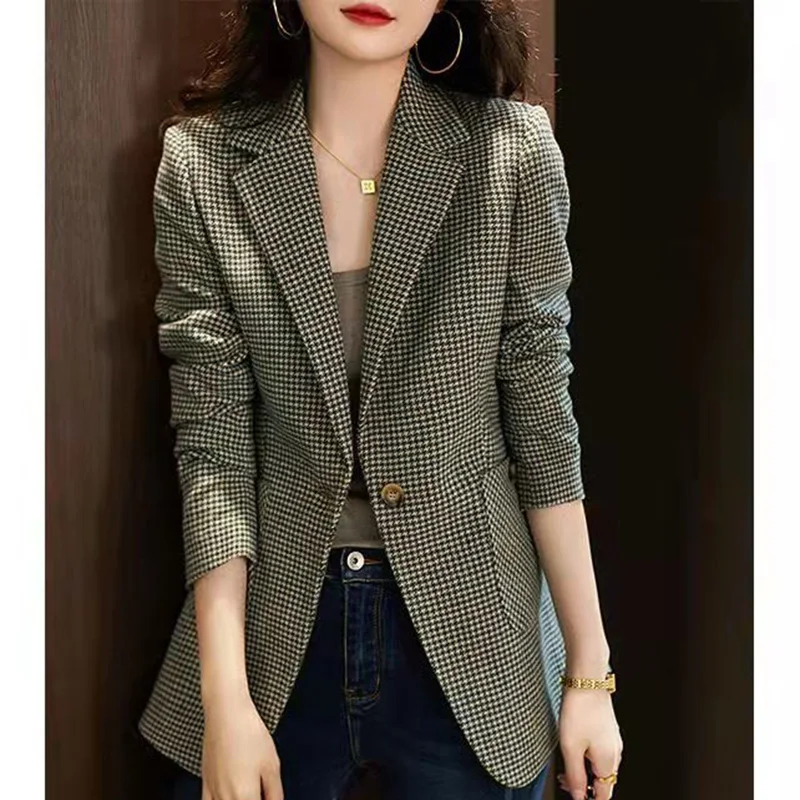 Top Trends: Elegant Lapel Button Spliced Pockets Houndstooth Blazer Women&#039;s Clothing 2023 Autumn New Casual Tops Loose Office Lady Blazers Shoppable Styles