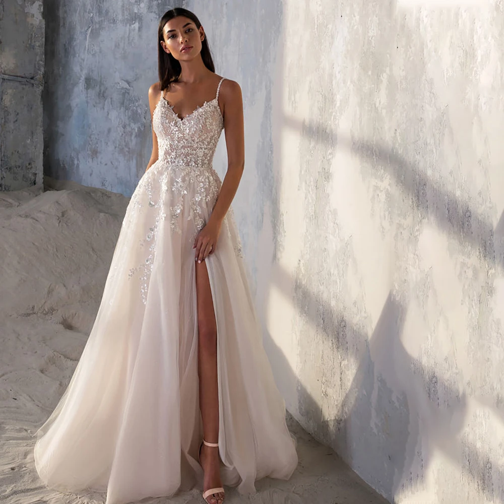 Top Trends: Spaghetti Strap Wedding Dress A-Line Sleeveless Side Slit Lace Appliques Backless Custom Made To Measures Robe De Mariee Beach Shoppable Styles