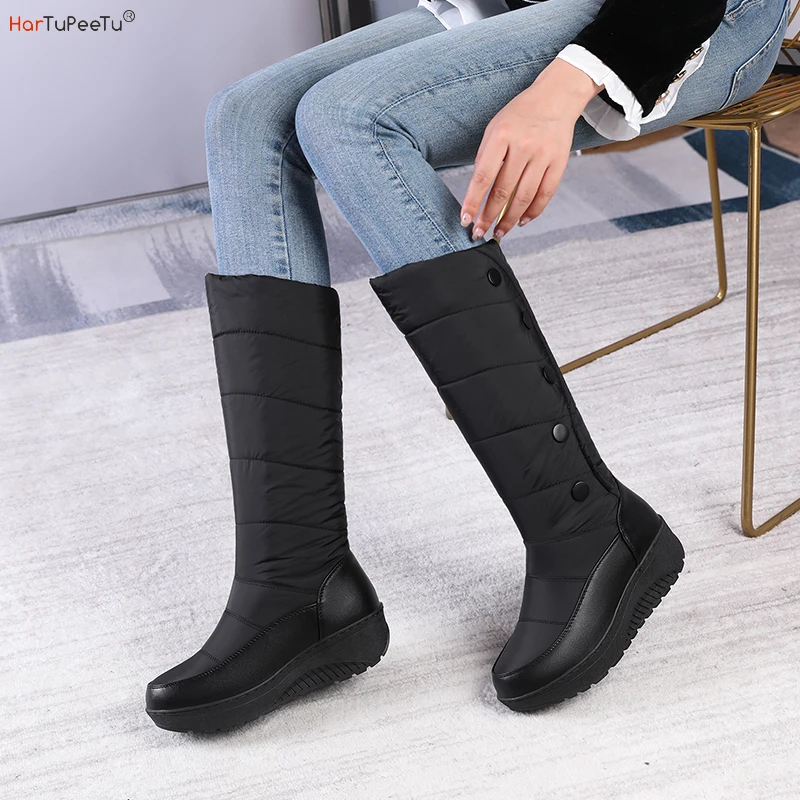 Top Trends: 2023 New Forst Winter Snow Boots Women Mid Calf Warm Plush Wedges Shoes Waterproof Down Patchwork PU Buttons Platform Boots Shoppable Styles