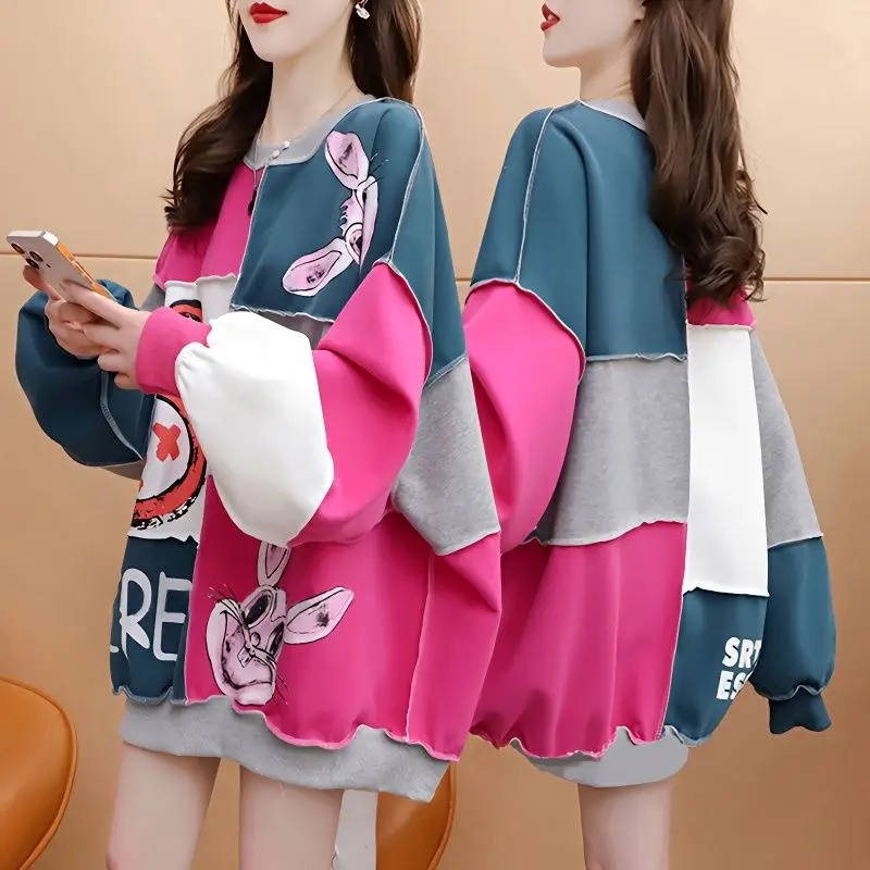 Top Trends: Fashion O-Neck Color Spliced Cartoon Sweatshirts Female Clothing 2023 Autumn Winter Oversized All-match Tops Casual Sweatshirts Shoppable Styles