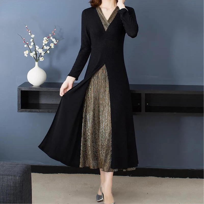 Top Trends: 2022 Autumn Vintage Clothes Fake Two-piece V Neck Elegant Slim Tunic Midi Dress Women Long Sleeve Bright Silk Dresses Robe Femme Shoppable Styles