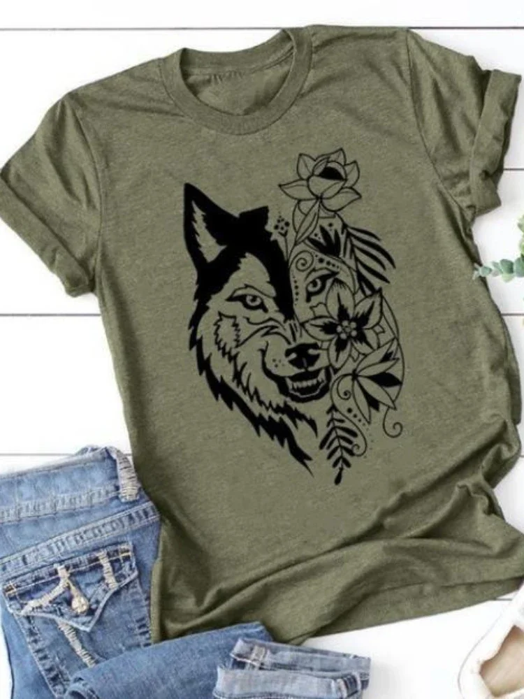 Top Trends: Wolf Head Floral Print T Shirt Women Short Sleeve O Neck Loose Tshirt Summer Women Tee Shirt Tops Camisetas Mujer Shoppable Styles