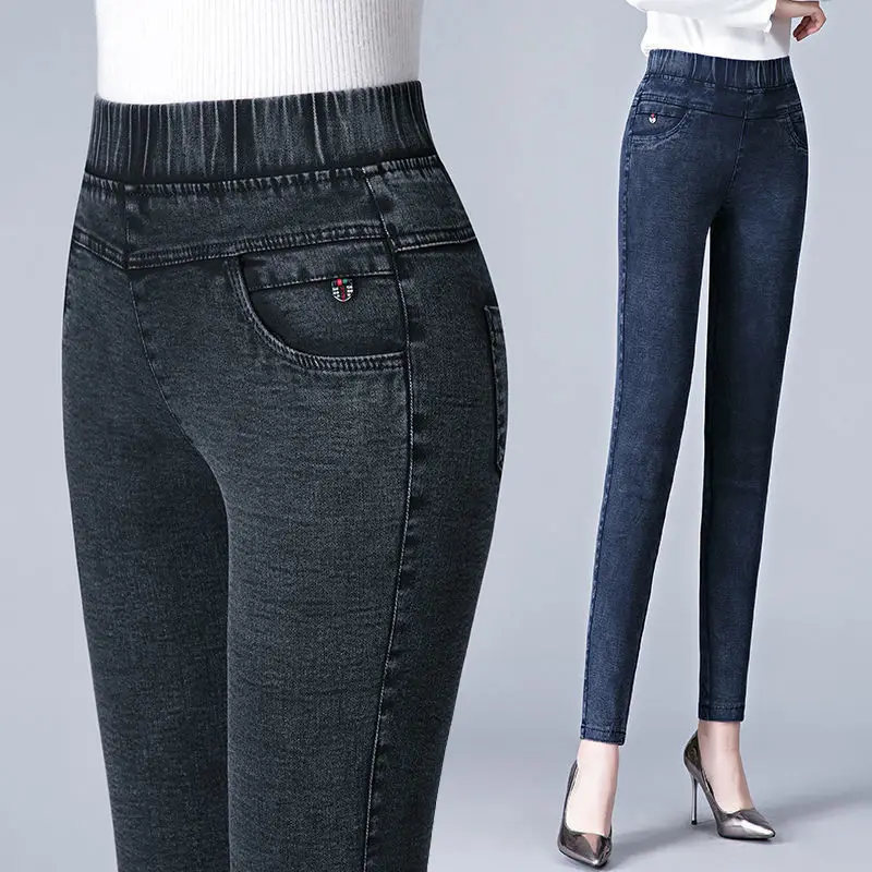 Top Trends: Streetwear Fashion Women Skinny Jeans Spring Autumn Elastic Band High Waist Pencil Pants Denim Breathable Black Casual Trousers Shoppable Styles