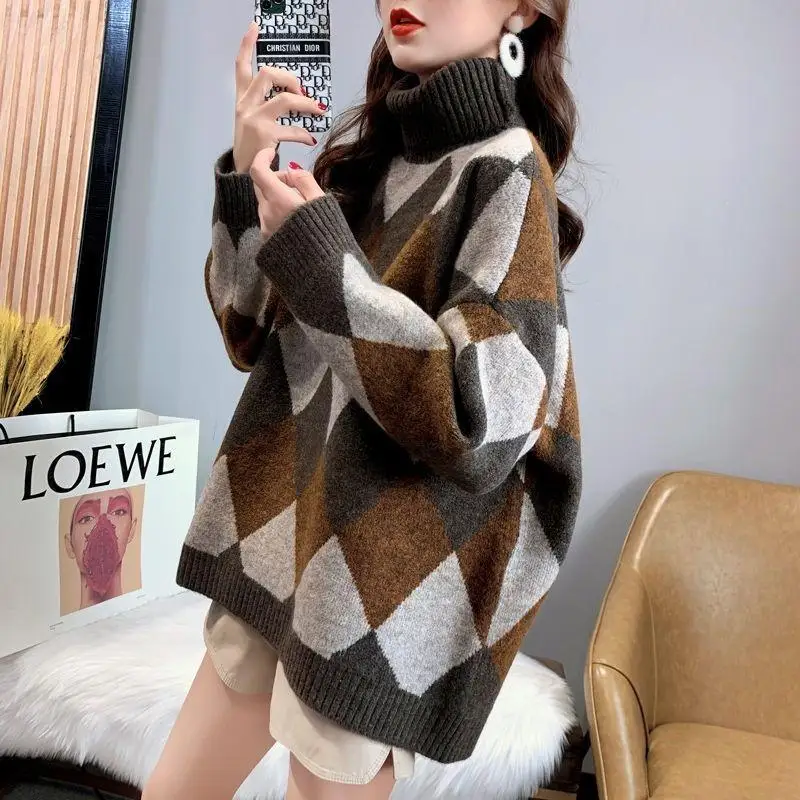 Top Trends: Fashion Turtleneck Spliced Knitted Loose Plaid Sweaters Female Clothing 2023 Winter New Oversized Casual Pullovers Warm Tops Shoppable Styles