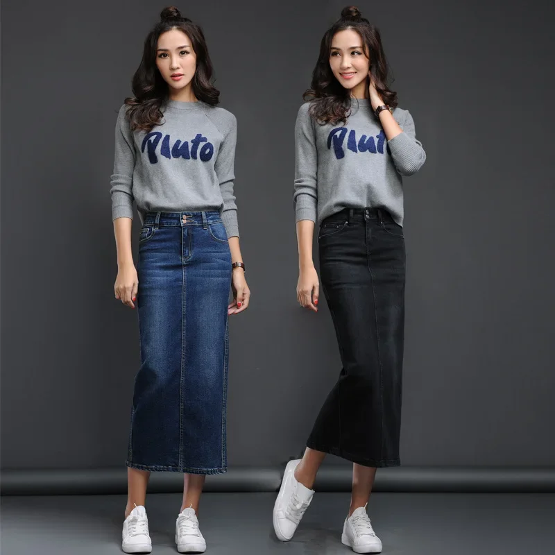 Top Trends: Classic Denim Skirt Women 2023 Long Jean Skirt High Waist Pencil Skirt Ladies Stretch Black Blue Faldas Largas Jupe Longue Femme Shoppable Styles