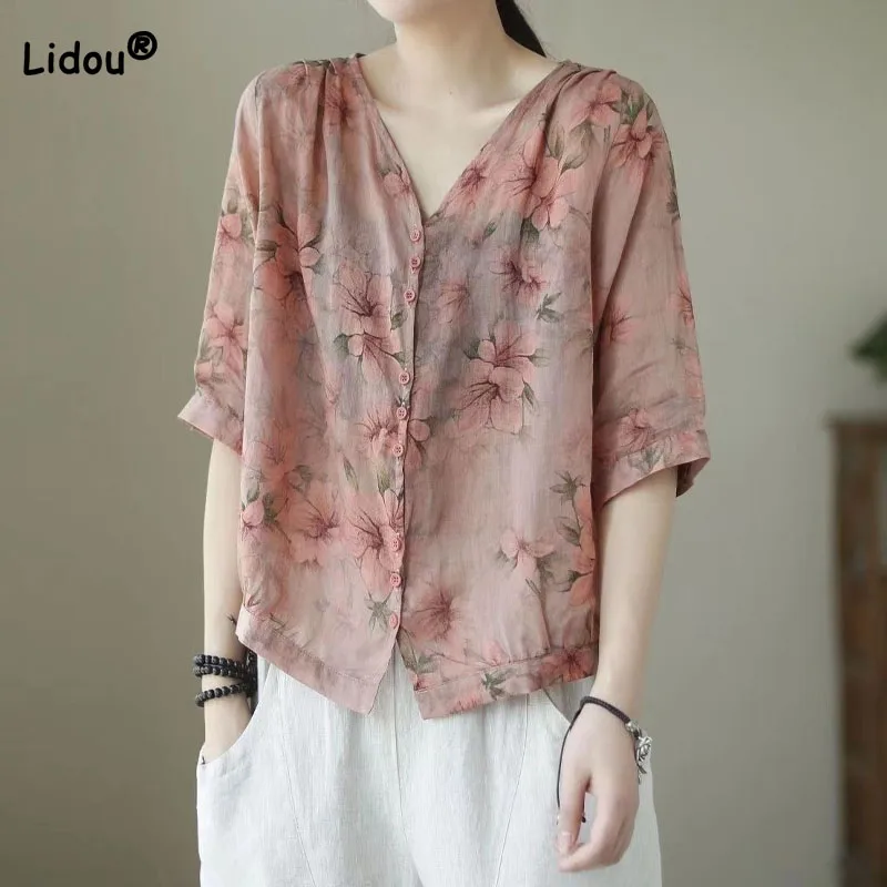 Top Trends: Elegant Fashion V-Neck Printed Women's Shirt 2023 Summer Thin Vintage Temperament Half Sleeve Button Blouse Female Clothing Shoppable Styles