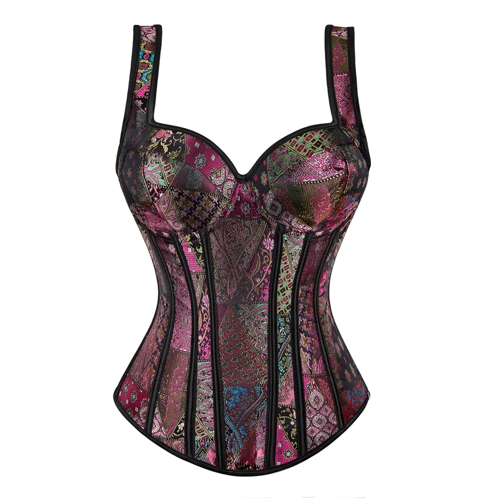 Top Trends: Steampunk Straps Overbust Corset With Cup Zipper Sexy Jacquard Floral Corset Waist Cincher Bustier Lingerie Top Plus Size Shoppable Styles