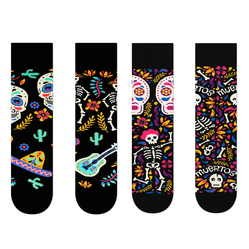 Top Trends: 2 Pairs Retro Skeleton Sugar Skull AB Crew Socks Day Of The Dead Halloween Irregular Cotton Unisex Socks Men Women Couple Socks Shoppable Styles