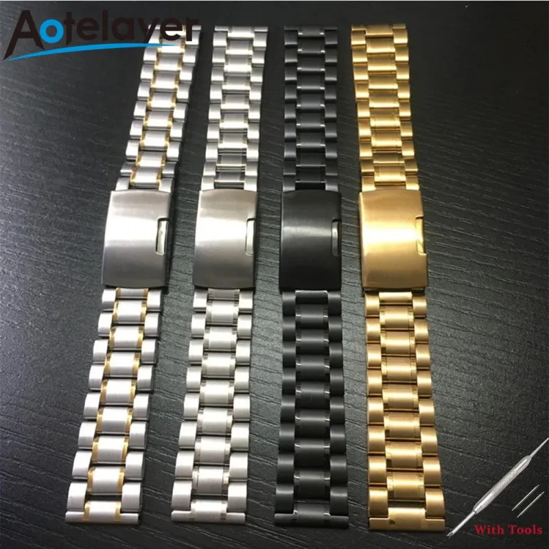 Top Trends: 14 16 18 19 20 21 22 24 26mm High Quality Five Beads Solid Stainless Steel Wristwatch Band Universal Watches Straps With Tool Shoppable Styles