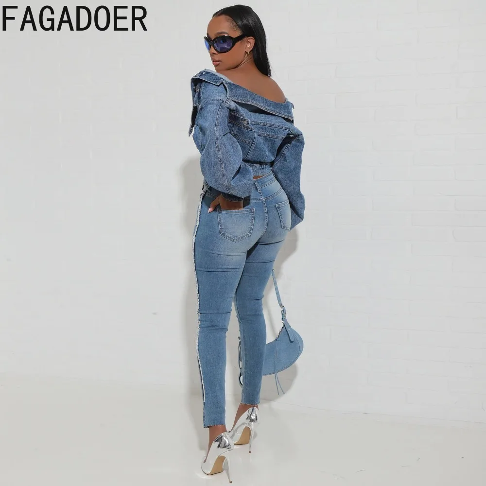 Top Trends: FAGADOER Blue Vintage Fashion Y2K Denim Coats Women Turndown Collar Long Sleeve Slim Crop Top Autumn Lady Cowboy Matching Jacket Shoppable Styles - Image 4