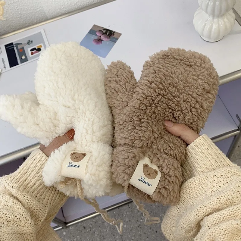 Top Trends: Cartoon Bear Women Mittens Winter Warm Cashmere Gloves Imitation Lamb Fur Thickenn Full Finger Gloves Knitted Guantes Handschoen Shoppable Styles