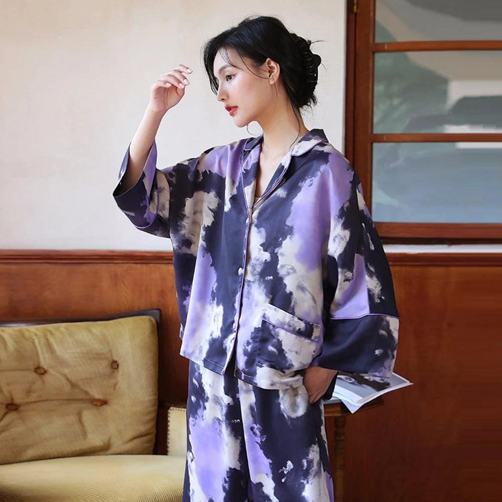 Top Trends: Women's Silk Pajamas Set Printed Purple Loose Long-Sleeve 2 Piece Sleepwear For Women Home Clothes Can Be Wear Outside Suits Shoppable Styles