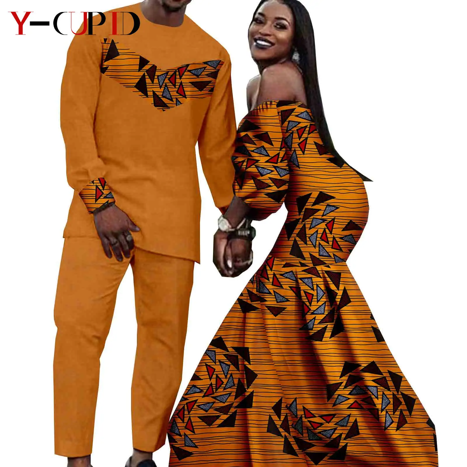 Top Trends: African Print Long Mermaid Dresses For Women Match Men Outfits Dashiki Top And Pants Sets Bazin Riche Couples Clothes Y22C024 Shoppable Styles