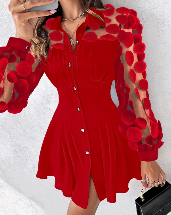 Top Trends: Women&#039;s Casual Shirt Turn Down Collar Long Sleeve Mini Dress 2023 Fashion Floral Pattern Sheer Mesh Patch Button Shirt Dress Shoppable Styles